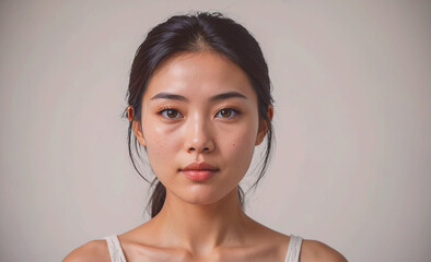 Poster - Woman with brown hair and brown eyes. She is wearing a white tank top. She has a nose and mouth