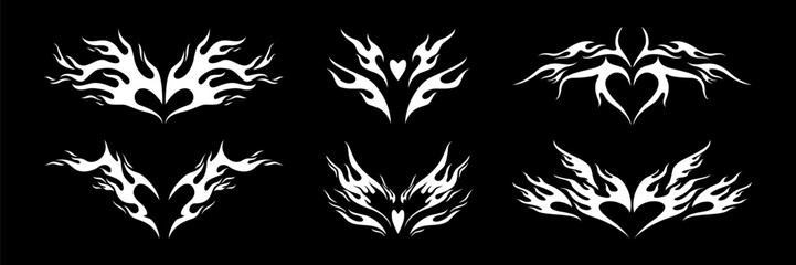 Fototapete - Y2k neo tribal flame elements with heart shape. Tattoo art hand drawn stickers. Aesthetic of 90s, 2000s. Vector isolated illustration