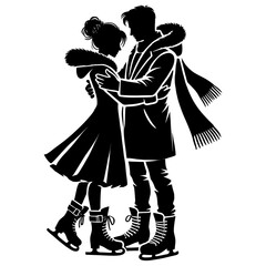 Wall Mural - Black vector silhouette of a couple, a man with his wife in winter clothing, together isolated on a transparent background - Concept of unity and love