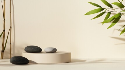 Poster - dark gray and gray-green stones sit on a light beige cylindrical stand