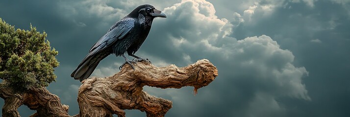 Enigmatic black crow perched on an ancient tree branch under cloudy stormy sky