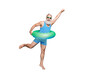 © deagreez - Full length photo of excited retired pensioner with grey hair raising his fist holding toy circle wearing striped swimwear glassses isolated over blue background
