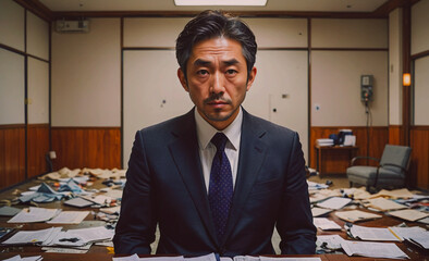 Poster - Man in a suit and tie is sitting at a desk with papers scattered around him. He is looking at the camera