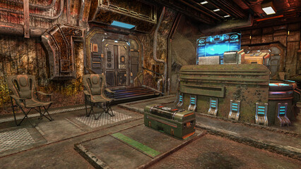 Poster - Future fantasy cyberpunk underground military bunker built in a cave. 3D rendered illustration.