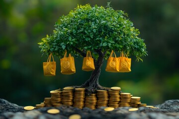 A green tree growing on stacks of gold coins with yellow money bags hanging from its branches