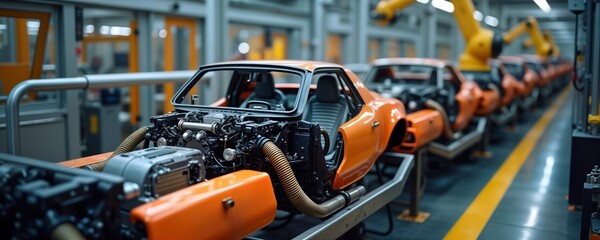 Fototapete - Automated car manufacturing line. Orange car parts assembled on conveyor belt. Robots work efficiently in modern factory. Futuristic manufacturing process. Automated assembly line. Industry 4. 0