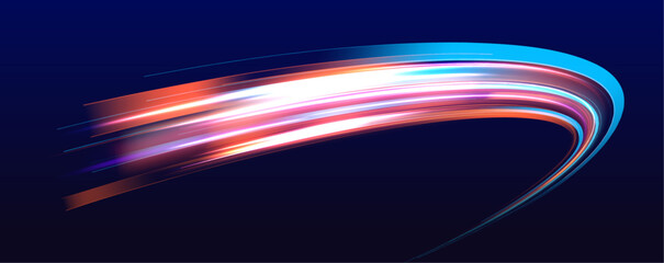 Fototapete - Neon color glowing lines on a dark background, creating a high-speed light trail effect. Modern abstract high-speed light motion effect on a black background with light motion and slow shutter traffic