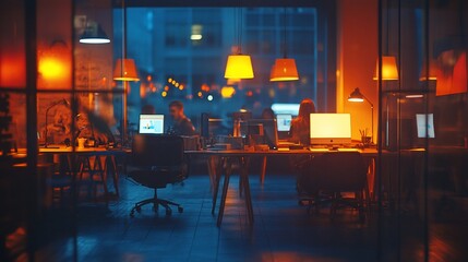 Aufkleber - Night office scene, workers at computers.