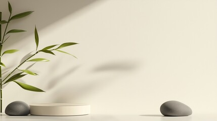 Poster - a small bamboo plant stands next to smooth grey stones on a clean, white surface