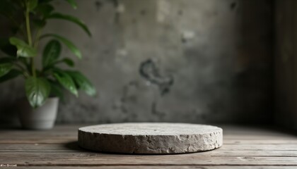 Poster - Grey stone podium on wooden planks. Rustic background with blurred plants in pot. Empty surface for product display. Natural materials. Modern interior design inspiration. Simple minimalist style.