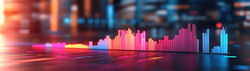Poster - A vibrant soundwave visualization displays colorful peaks and valleys against a blurred urban background, representing audio data and technology.
