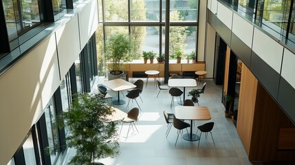 Poster - an airy office space features a light-colored floor and numerous small, square tables with black cha
