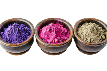 Four bowls filled with vibrant Holi powder, on a white background. PNG transparent.