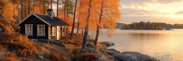 Wall Mural - Cabin Tranquility Idyllic Fall Escape with Serene Sunset Over Lake, 88 Character, OK