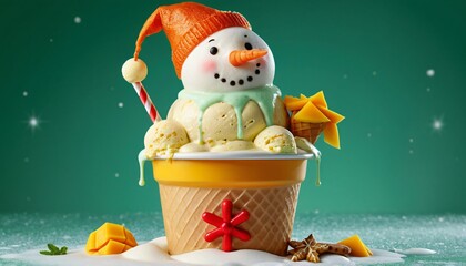 Wall Mural - A festive snowman with a gift, ready for a winter holiday celebration