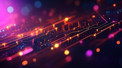 Poster - Vibrant Neon Circuit Board Close-Up with Glowing Lines and Abstract Technological Aesthetic