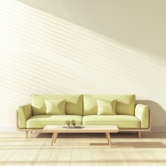 Poster - Design of modern living room with green sofa on top of an empty white wall background. Home interior design. Illustration and rendering in 3D.