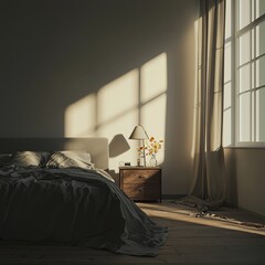 Aufkleber - The interior design of a luxury home bedroom contrasts with the empty wall background. 3D rendering, 3D illustration, 3D rendering of a luxury home bedroom.
