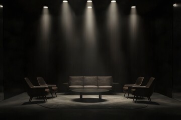 Poster - Modern living room design with black ceiling and concrete walls 3D Rendering, 3D Illustration