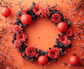 Aufkleber - Craft style background with flowers and asian elements, greeting card for the new year of the dragon