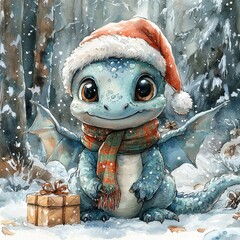 Aufkleber - A dragon, symbol of the new year 2024, in a Christmas hat, holding gifts, illustration