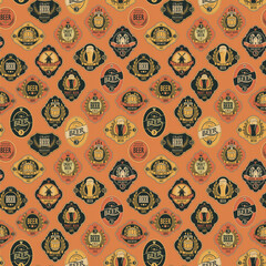 Wall Mural - vector seamless pattern on the theme of beer with various beer labels with images of barrels, beer g