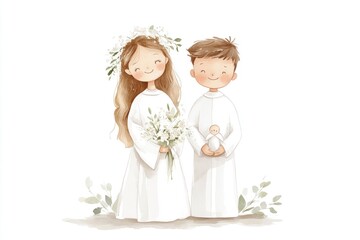 A charming communion greeting card showcases two children in white attire. The girl holds a bouquet, while the boy cradles a small doll. Their joyful expressions celebrate a special day