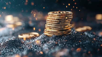 Poster - Visualizing money growth through stacked gold coins in a dark environment with an upward trend