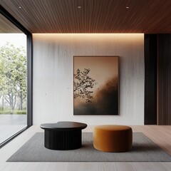 Poster - Creating a modern living room cylindrical furniture and textured wall art in a minimalist space for interior design inspiration