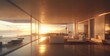 © ANUAR - Modern Open-Concept Living Room with Large Glass Windows Overlooking a Scenic Sunset and Contemporary Furniture in a Luxurious Home Environment