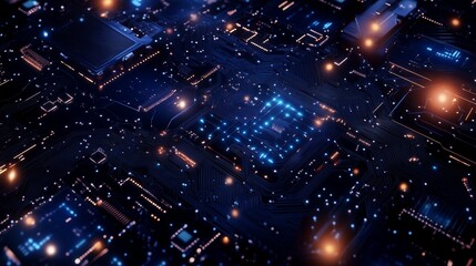 Poster - intricate circuitry is illuminated by a vibrant blend of blue and orange lights
