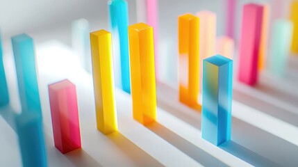 Poster - A 3D bar graph with tall, colorful bars on a white surface, each casting shadows to create depth, representing financial growth and data analysis