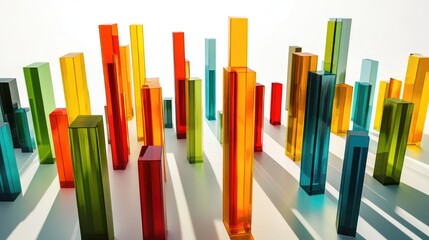 Poster - A 3D bar graph with tall, colorful bars on a white surface, each casting shadows to create depth, representing financial growth and data analysis