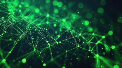 Poster - Futuristic Network Grid with Glowing Green Lines and Dots Amid Abstract Digital Background