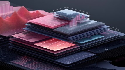 Poster - A 3D layered area chart in vibrant corporate colors, each layer showing business trends over time with clear depth and structure