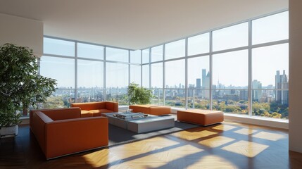 Poster - Designing luxury living a rust-colored seating showcase in a panoramic downtown setting with parquet flooring