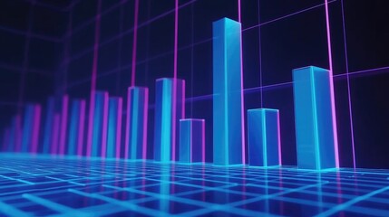 Poster - A bar graph with vibrant blue bars against a dark grid background, each bar casting a faint glow to emphasize individual data points