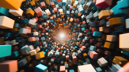 Poster - A 3D spiral of multicolored cubes, twisting and converging in the center against a black background, showcasing depth and motion