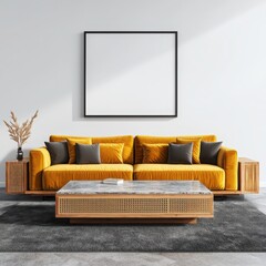 Poster - Showcase luxury interior design with minimalist black frame yellow velvet couch and stone coffee table in a modern living room setting
