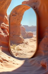 Poster - Futuristic mirror reflects desert landscape. Sand dunes, mountains mirrored in large archway mirror. Desert serene, beautiful. Abstract, fantasy elements combined. Minimalist style. Dreamy, romantic