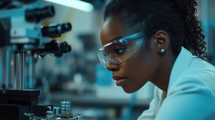 Poster - black female engineer inspecting equipment in modern laboratory setting