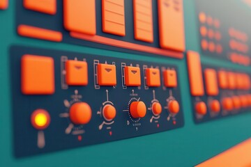 Poster - A close-up view of a colorful control panel with orange buttons and knobs, showcasing a modern, geometric design.