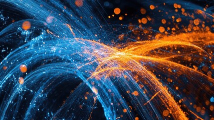 Poster - A blend of fireworks in orange and blue hues, their trails overlapping to create an intricate, sparkling design in the night sky
