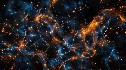 Poster - A blend of fireworks in orange and blue hues, their trails overlapping to create an intricate, sparkling design in the night sky