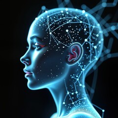 Fototapete - Futuristic AI portrait shows woman with glowing lines of digital network. Tech impact on personal lives, business illustrated by cybernetic design. Woman reflects on future. Glowing lines connect