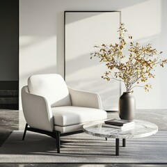 Poster - Create a comfortable modern room setup featuring a marble coffee table and decorative vase brightened by soft daylight