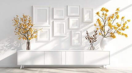Poster - Create a clean photo wall with white ornamental frames and soft floral accents for bright home decor