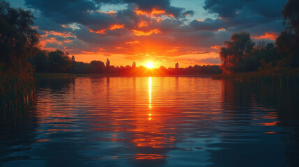 Poster - Sunset reflecting on a calm lake,