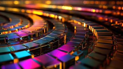Fototapete - A circular chart with colorful, curved segments arranged on a reflective surface, each segment shining subtly to show detail