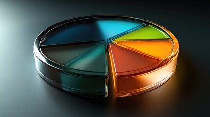 Poster - A circular pie chart with glossy, vibrant segments on a dark background, each slice slightly separated, showing data distribution